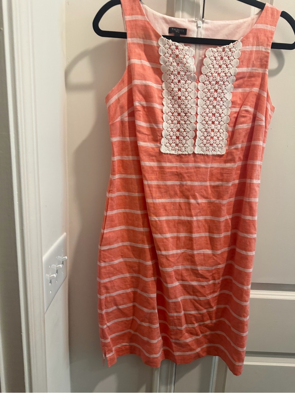 Talbots Coral and White Striped Sleeveless Shift Dress with Lace Front